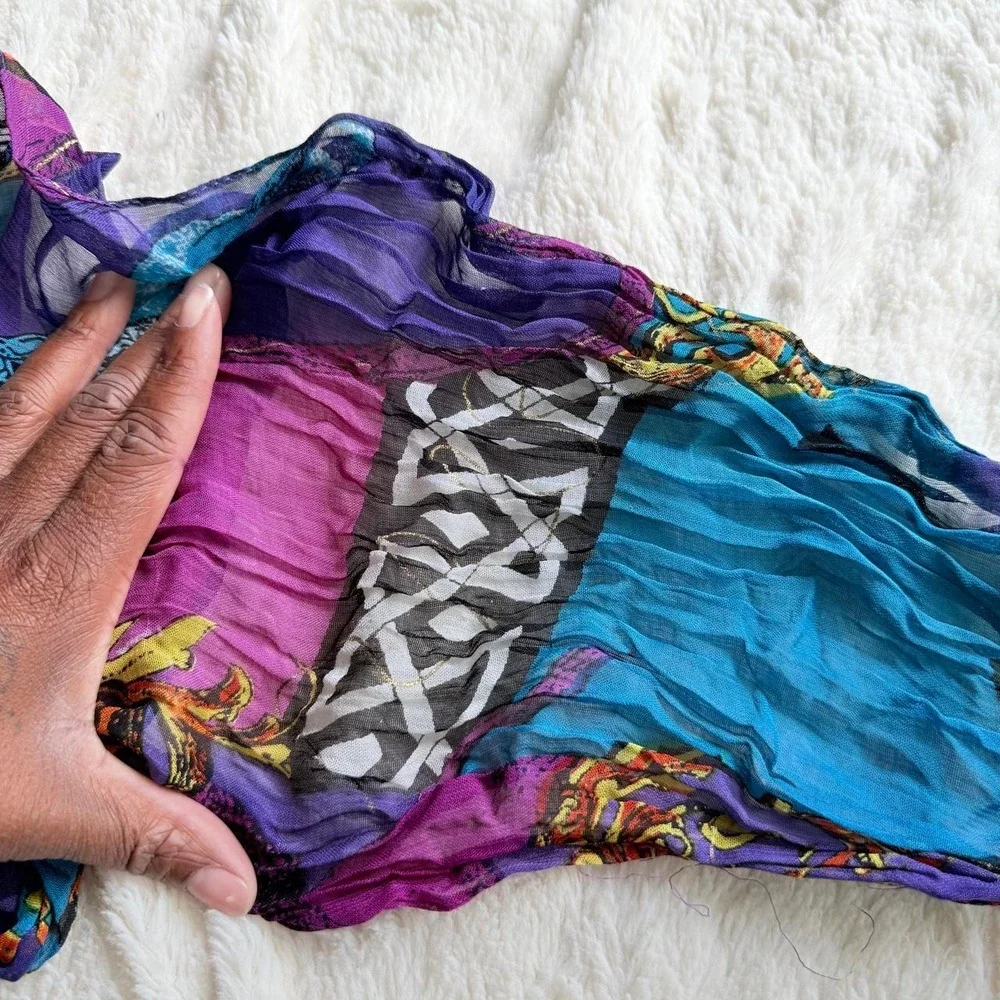 Vintage Women's Rayon Crinkle Scarf Wrap Shawl Blue Purple Abstract Artsy Boho